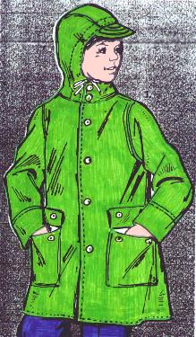 Bobby sporting a green raincoat--very swell