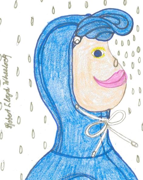 Jennifer's berry blue riding rainhood sporting a creamy pouf